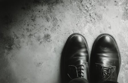 Black leather shoes are positioned on a rough concrete floor with a subtle light gradient. The scene creates a classic and sophisticated atmosphere, showcasing style.の素材