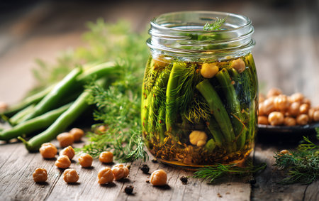 Jars of pickles filled with green beans and chickpeas rest on a wooden table. Fresh herbs surround the jars, creating a rustic, inviting atmosphere in warm light..の素材
