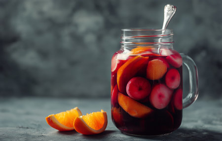 A jar filled with colorful fruits like oranges and cherries sits on a gray surface. Slices of orange lie nearby, ready to add a refreshing twist to drinks.の素材