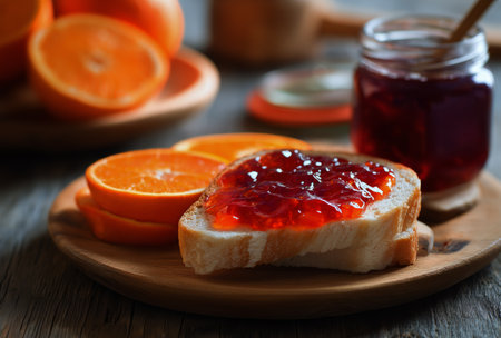 Toast is topped with vibrant orange jam, accompanied by fresh orange slices on a rustic wooden plate. The setting creates a warm and inviting breakfast scene..の素材