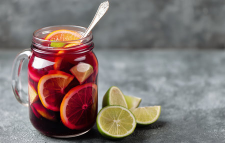 A colorful jar holds a refreshing drink with slices of orange and lime. The vibrant colors and fresh ingredients promise a cool, tasty experience on a warm day.の素材