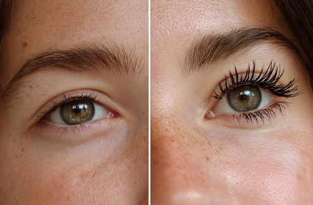 Close-up view of an eye showing natural eyelashes on one side and enhanced eyelashes with mascara on the other side. The setting has bright natural light and clear focus on the eyelashes..の素材