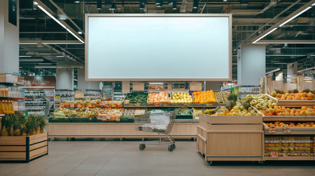 A large blank display board stands in the middle of a grocery store surrounded by colorful fruits and vegetables. Shoppers can be seen navigating aisles filled with fresh items..の素材