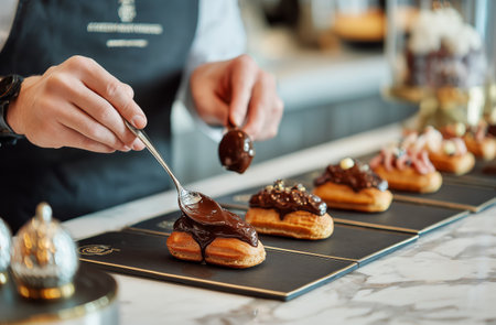 A skilled chef is carefully adding a rich chocolate glaze to freshly baked eclairs on sleek black serving trays. The vibrant kitchen showcases elegance and attention to detail..の素材