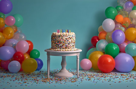 A festive birthday cake topped with candles stands on a white table. Colorful balloons in various sizes create a cheerful atmosphere, perfect for celebration..の素材