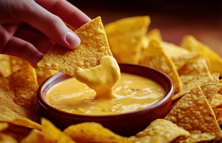 A hand dips a crunchy tortilla chip into a bowl of warm cheese sauce surrounded by a pile of golden nachos on a rustic wooden table..の素材