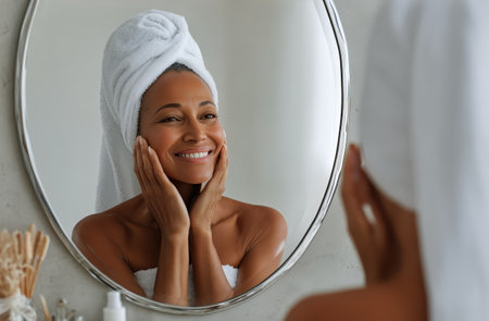 A digital alarm clock displays 1058 in a bright bedroom. The bed has soft pillows and a warm blanket, creating a welcoming morning atmosphere.の素材