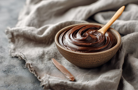 A bowl filled with smooth chocolate spread sits on a soft gray cloth. A wooden spoon rests beside the bowl, enhancing the inviting look of the treat..の素材