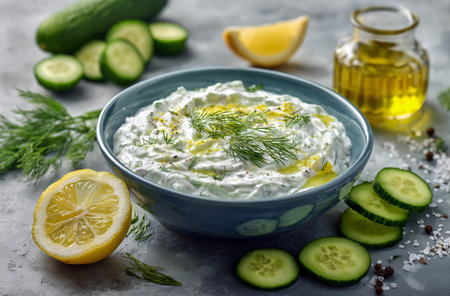 Creamy cucumber yogurt dip is beautifully presented in a bowl, surrounded by fresh lemon slices, dill, and cucumbers, enhanced by a drizzle of olive oil.の素材