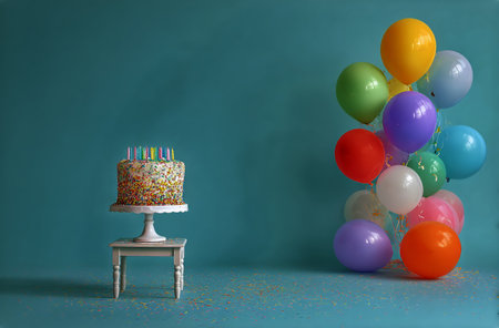 A festive birthday cake topped with candles stands on a white table. Colorful balloons in various sizes create a cheerful atmosphere, perfect for celebration.の素材