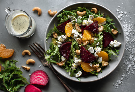Fresh arugula, beets, and orange segments create a vibrant salad topped with cashews and feta. Enjoy a healthy meal on a textured gray surface with nuts and salt..の素材