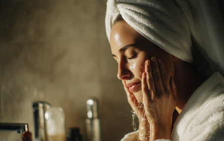 A woman with a towel on her head is washing her face in a softly lit bathroom. Water drips from her hands as she enjoys a refreshing skincare routine after a long day.の素材