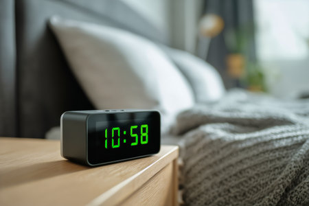 A digital alarm clock displays 1058 in a bright bedroom. The bed has soft pillows and a warm blanket, creating a welcoming morning atmosphere.の素材