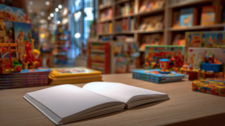 A blank book rests on a wooden table in a vibrant toy store filled with colorful toys, games, and books, inviting creativity and imagination during daylight hours.の素材