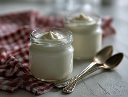 Two glass jars filled with creamy yogurt are placed on a blue and white checkered napkin. Silver spoons sit beside them, ready for serving. The setting looks fresh and inviting..の素材