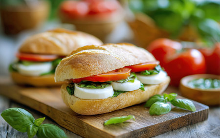 A fresh sandwich is made with layers of mozzarella, ripe tomatoes, and basil leaves. It sits on a wooden cutting board surrounded by vibrant vegetables and greens..の素材