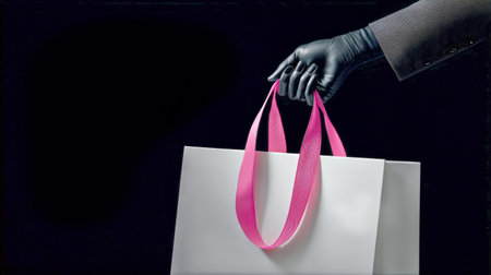 A gloved hand elegantly grasps a white shopping bag with a pink ribbon. The contrast with the dark background highlights the bags sleek design.の素材