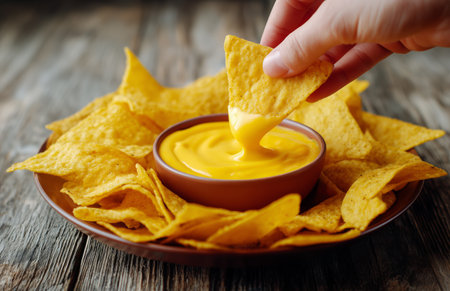 A hand dips a crispy tortilla chip into a bowl of warm cheese dip, surrounded by more chips. The inviting atmosphere enhances this tasty snack experience..の素材