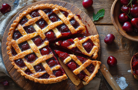 Freshly baked cherry pie sits on a wooden table. The crust features a classic lattice design and a slice is already cut out. Red cherries are scattered around, adding to the kitchen vibe..の素材