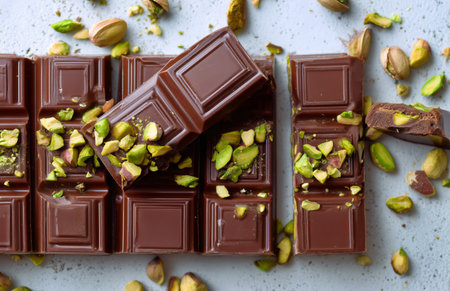 Chunks of rich chocolate with pistachio nuts scattered around create a tempting sweet scene. Perfect for snacks, desserts, or special treats..の素材