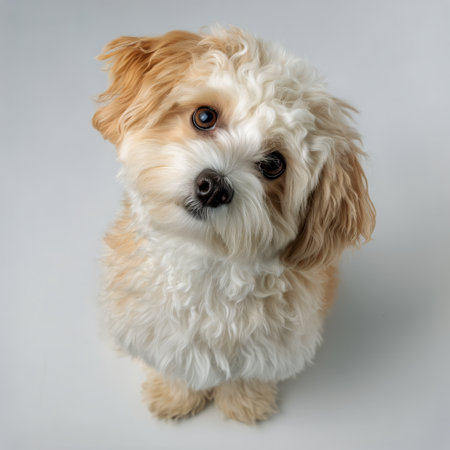 A small dog with light brown and white fur sits on a light background, tilting its head slightly as it gazes at the camera with curiosity and playfulness..の素材