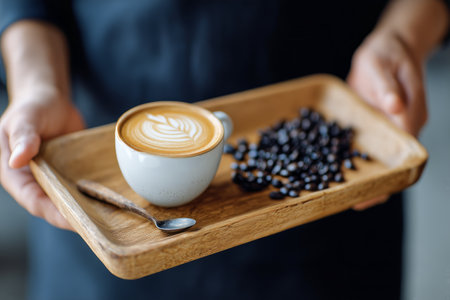 A person holds a wooden tray featuring a cup of latte art, alongside roasted coffee beans. The warm atmosphere highlights the love for coffee culture in the cafe.の素材
