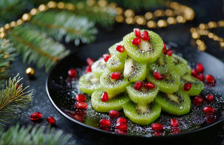 A vibrant dessert features layers of fresh kiwi slices topped with bright red pomegranate seeds and a dusting of powdered sugar. Seasonal decorations create a festive atmosphere.の素材