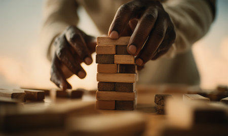 Hands carefully stack wooden blocks while playing a game with friends in a warm and sunny outdoor location. The atmosphere is relaxed and joyful.の素材