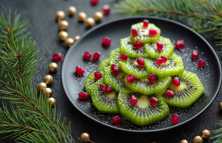 A creative salad displays kiwi slices arranged in a Christmas tree shape, topped with pomegranate seeds, set against a dark background with festive decorations..の素材