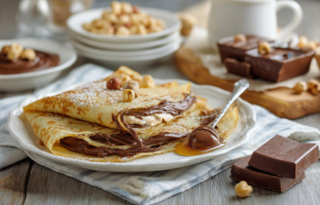 Crepes filled with chocolate hazelnut spread are plated invitingly, paired with chocolate squares and hazelnuts. Breakfast or dessert ideal for sweet lovers.の素材