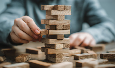 Hands carefully stack wooden blocks while playing a game with friends in a warm and sunny outdoor location. The atmosphere is relaxed and joyful..の素材