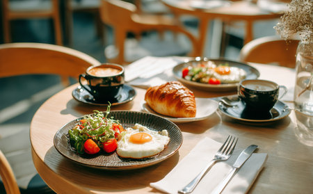 Enjoy a delightful breakfast featuring sunny-side-up eggs, fresh salad, a buttery croissant, and steaming coffee in a bright cafe with natural light..の素材