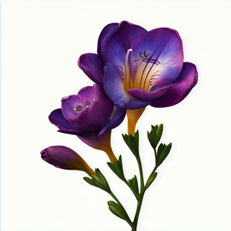 Beautiful freesia flowers display vibrant colors in shades of purple and blue, with soft petals and lush green stems..の素材