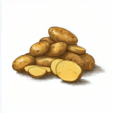Potatoes are neatly piled on a white background, showing their earthy skin and smooth, yellow flesh. This arrangement highlights their natural shape and texture.の素材