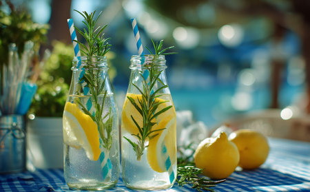 Two glass bottles hold lemon and rosemary drinks, with blue striped straws. Sunlight sparkles on the table, surrounded by fresh lemons and colorful greenery.の素材