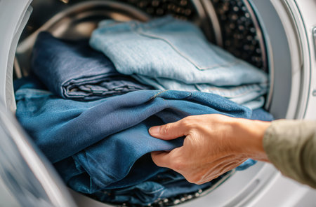 A person reaches into a dryer to remove clean blue and light denim clothes after completing a laundry cycle at home. The scene captures the routine of household chores.の素材