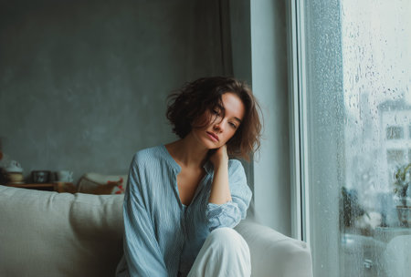 A young woman with curly hair sits on a sofa, resting her head on her hand while looking out a window. Raindrops fall against the glass, creating a serene indoor atmosphere.の素材