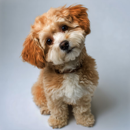 A small dog with light brown and white fur sits on a light background, tilting its head slightly as it gazes at the camera with curiosity and playfulness.の素材