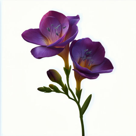 Two elegant purple freesia flowers with green stems and buds are displayed against a plain white background, highlighting their natural beauty and intricate petal structure.の素材