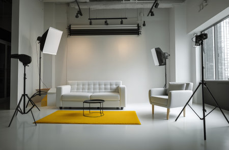 A well-lit studio features a cozy white couch, a stylish armchair, and bright yellow rug. Professional lighting and equipment set the stage for an exciting photoshoot.の素材