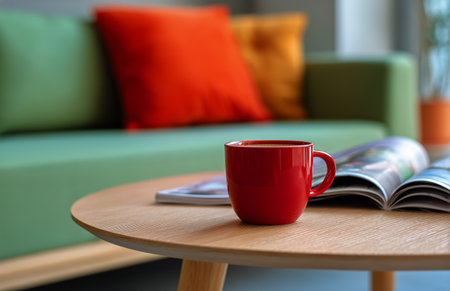 A red coffee cup sits on a wooden table beside magazines. The background features a green couch with vibrant cushions, creating a warm, inviting space for relaxation.の素材