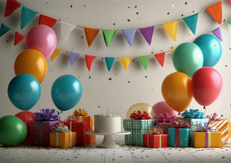 Brightly colored balloons and gift boxes fill the room for a birthday party. Streamers and confetti add to the cheerful mood, creating a festive atmosphere for celebration..の素材