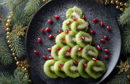 A creative salad displays kiwi slices arranged in a Christmas tree shape, topped with pomegranate seeds, set against a dark background with festive decorations.の素材