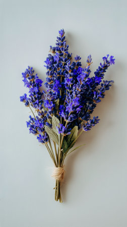 A bunch of fresh lavender flowers is arranged neatly, displaying their rich purple color against a soft neutral background. The stems are green, adding a natural touch..の素材