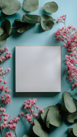 A blank canvas is surrounded by delicate pink flowers and green eucalyptus leaves on a soft blue background, creating a serene and artistic atmosphere perfect for creativity.の素材