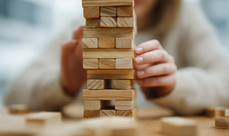 A person carefully places a wooden block on top of a tower during a game session with friends. The indoor environment is warm and inviting, creating a fun atmosphere.の素材