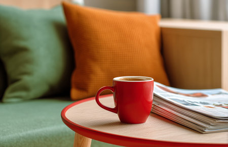 A red coffee cup sits on a wooden table next to a stack of magazines, surrounded by colorful cushions on a green sofa. Soft lighting creates a warm atmosphere.の素材