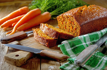 Carrot bread sits on a rustic wooden board, freshly baked and sliced into thick pieces. Juicy carrots are arranged nearby, enhancing the homemade feel of this delightful treat..の素材