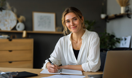 A woman sits at a wooden table in a cozy home office. She writes in a notebook with a pen, smiling warmly as sunlight streams through the window.の素材