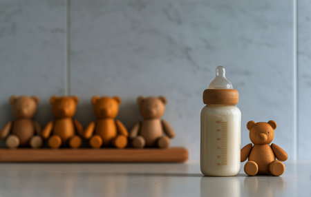 A wooden baby bottle stands next to a cute teddy bear, with several more teddy bears lined up in the background. The simple and calm setting creates a cozy atmosphere.の素材